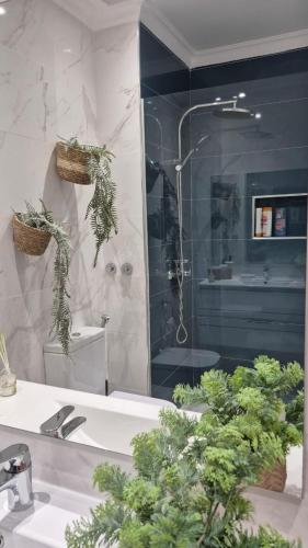a bathroom with a sink and a shower with a dog at kriola Breeze in Praia