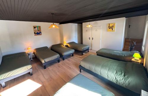 a room with four green beds and two lamps at Les chambres de Marie in Villié-Morgon