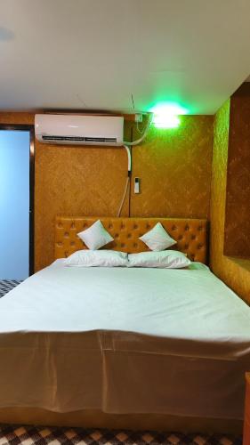 een slaapkamer met een groot bed met een lamp erop bij Banani Luxury Guest House in Dhaka