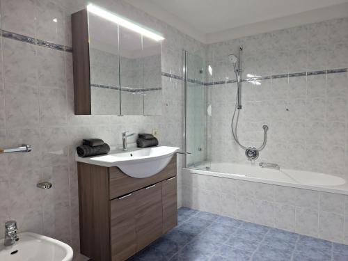a bathroom with a sink and a shower and a tub at Apartments Insam in Santa Cristina in Val Gardena