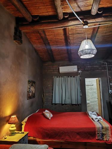 a bedroom with a red bed and a window at Complejo Volcanes de la Puna in Tinogasta