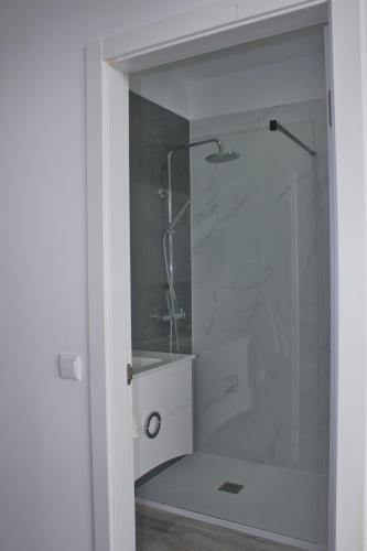 a bathroom with a shower and a white sink at Apartamento Laranjeiras dois in Palhota