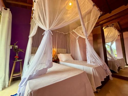two beds in a room with mosquito nets at Vila BeiradeiRô - Taipu de Fora in Taipu