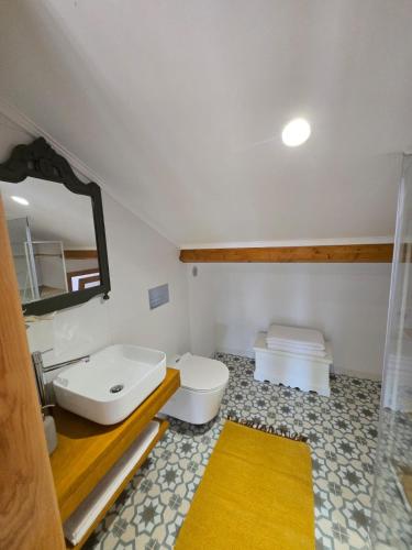 a bathroom with a sink and a toilet and a mirror at Casa Lage da Pena in Geres