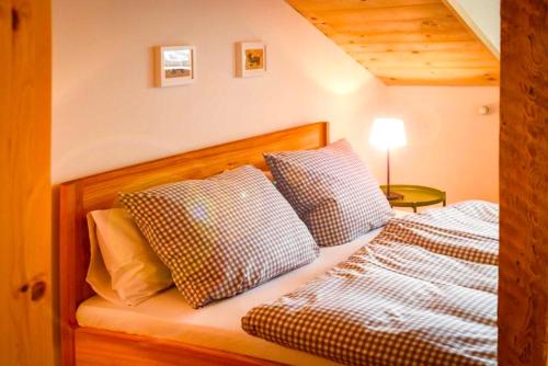a bedroom with a bed with checkered pillows at Spitzing Lodge Ferienwohnungen - Wanderparadies in den Bergen in Spitzingsee
