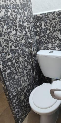 a bathroom with a toilet and a stone wall at Lo de Vlady in Mina Clavero