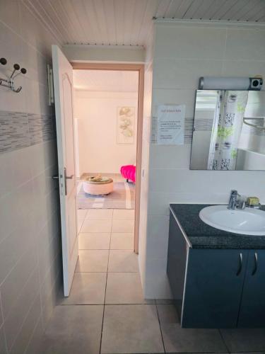 a bathroom with a sink and a mirror and a toilet at Chez Pascal in Terre-de-Haut
