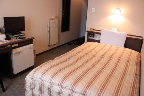 a hotel room with a bed and a tv at Hotel Crown Hills Takaoka in Takaoka