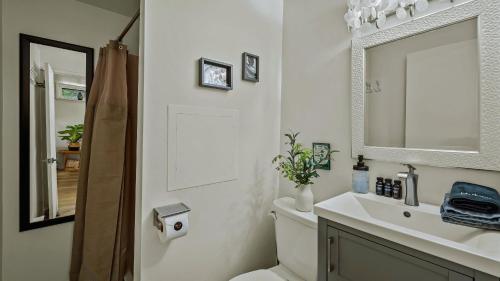 Lake It Right by AvantStay Lakefront w Dock Hot Tub Fire Pit Game Room في Long Pond: حمام مع حوض ومرحاض ومرآة