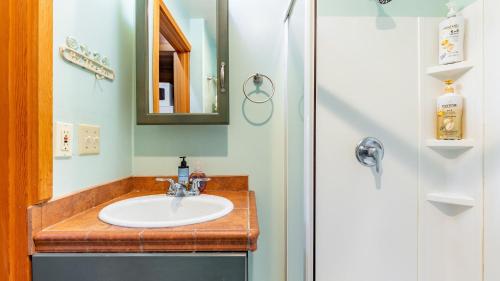 Penn Cove Overlook by AvantStay Cabin w Views في أوك هاربور: حمام مزود بحوض ومِرآة