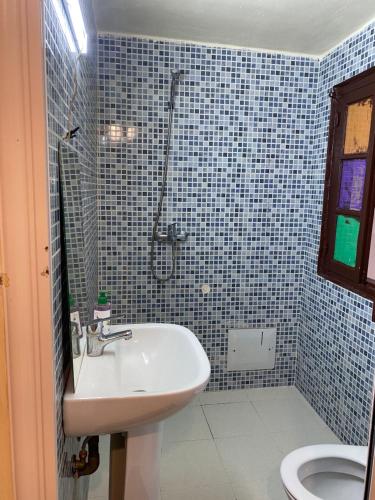 a blue tiled bathroom with a sink and a shower at Riad Dar Babouche in Oulad Akkou