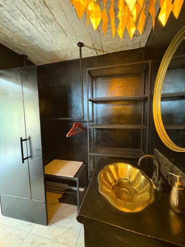 un bagno con un lavandino e uno specchio su un bancone di Secrect Jacuzzi Studio a San Miguel de Allende