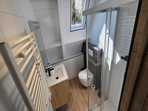 Un baño pequeño con inodoro y lavabo. en Peaceful Forest Chalet near Durbuy, en Septon