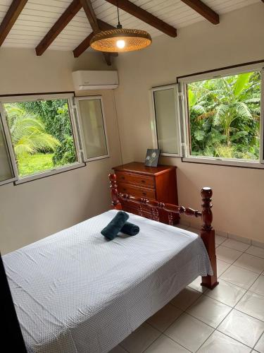 a bedroom with a bed and a dresser and two windows at Villa Jakéna à Sainte-Rose in Sainte-Rose