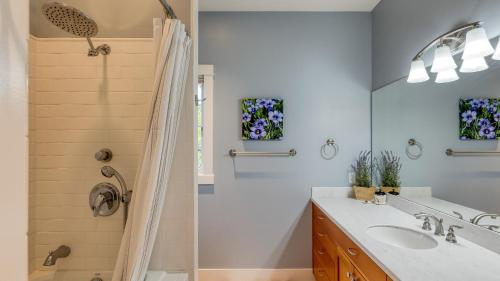 a bathroom with a shower and a sink at Sunny Backyard Fireplace Coastal Access in Peaceful Neighborhood Near Shopping in Langley