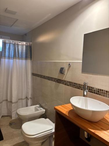 a bathroom with a white toilet and a sink at Patagonia Nido in Trevelín