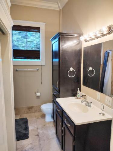 a bathroom with a sink and a toilet and a mirror at Cornerstone West Lower Unit in Savannah