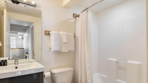 ein Badezimmer mit Waschbecken, Toilette und Dusche in der Unterkunft Chickaree by AvantStay A-Frame w Mountain Views in Tahoe City