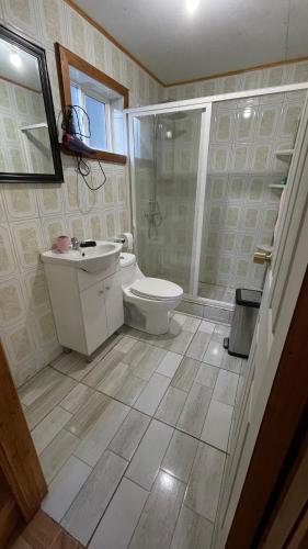 a bathroom with a toilet and a sink and a shower at Cabaña la percha II in Coihaique