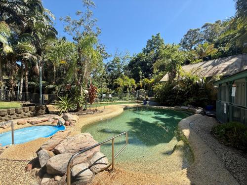 a swimming pool in a yard with trees and a house at Tropic Oasis by Charlesworth in Coffs Harbour
