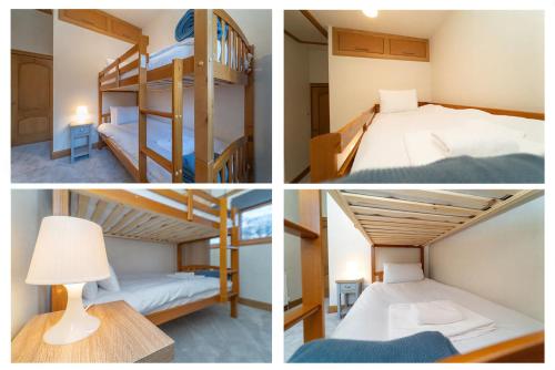 three different views of a room with bunk beds at Family Friendly 3BR Townhouse with 6 Beds and Parking in Edinburgh