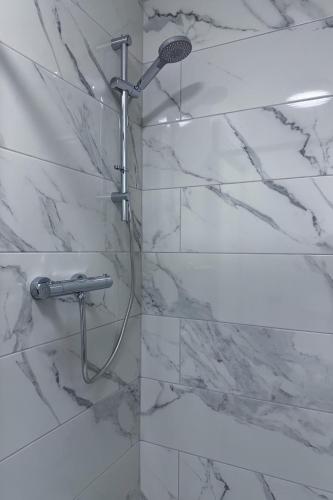 a shower in a bathroom with white marble walls at McCloskeys Residences in Dublin