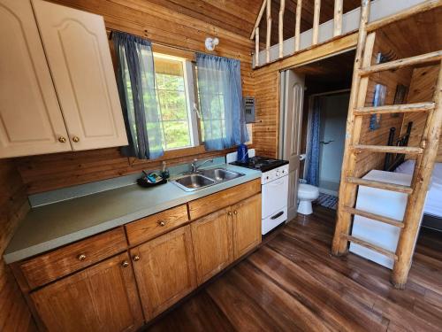 una cucina con un lavello, un fornello e una scala di Oyama Lake Lodge a Lake Country