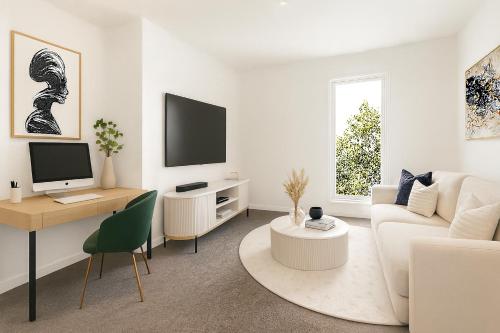 un soggiorno bianco con divano bianco e TV di Rochedale Outlook a Rochedale