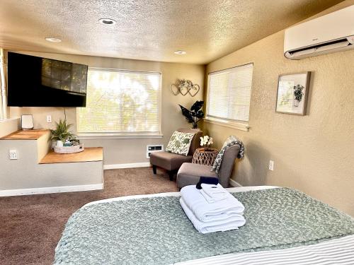a bedroom with a bed and a chair and a television at Near Downtown- Kitchen-washerdryer-parking in Medford