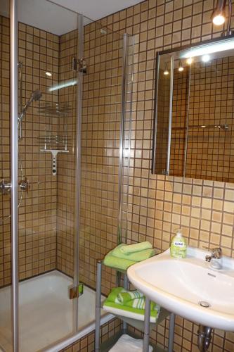 bagno con lavandino e doccia di Ferienwohnung Renner a Burghausen