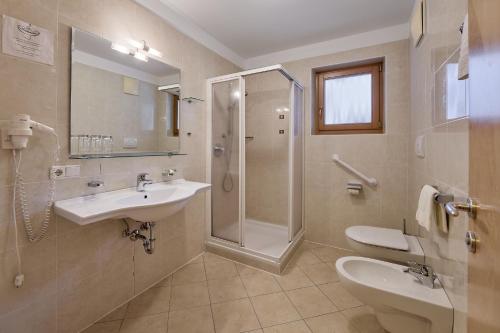 a bathroom with a shower and a sink and a toilet at Zimmervermietung Zum Weissen Rössl in Sarntal