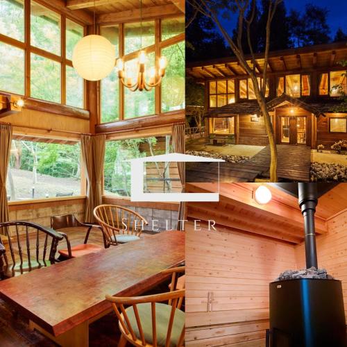 a house with a large wooden table and chairs at SHELTER都留 森とに包まれた貸切ヴィラ最大10名ok 都心から90分 10人貸切サウナ 雨でもBBQ in Tsuru