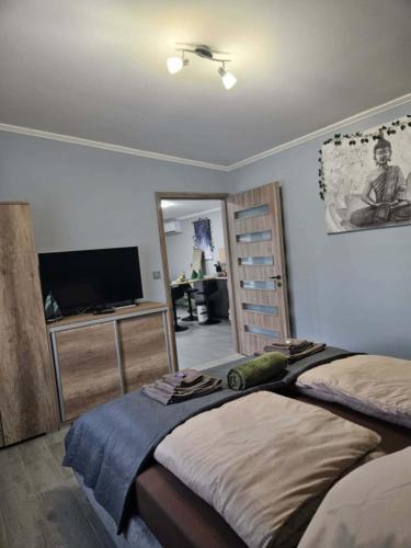 a bedroom with two beds and a flat screen tv at Áron Apartman in Tiszafüred