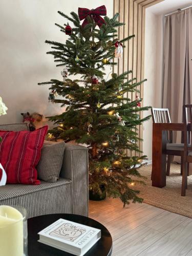 a christmas tree in a living room with a couch at Martha's House in Alba Iulia