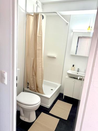 a bathroom with a toilet and a tub and a sink at Seebrise in Wendtorf
