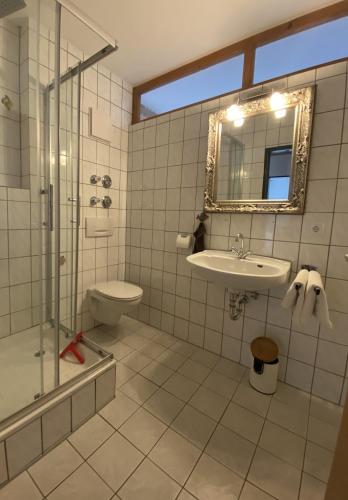 a bathroom with a sink and a shower and a toilet at Weberhof in Samerberg