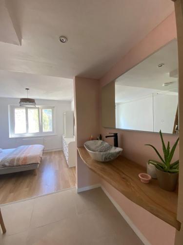 a bedroom with a bed and a counter with a sink at Appartement face Nausicaa in Boulogne-sur-Mer