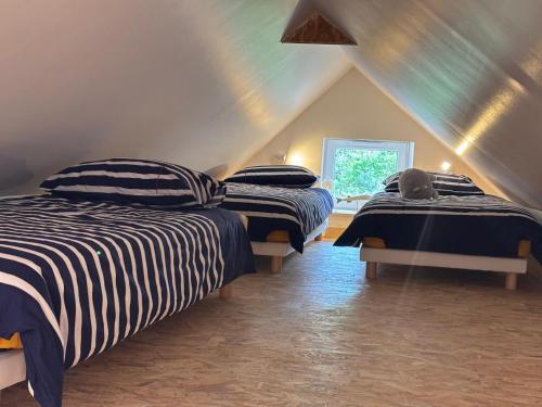 a attic room with two beds and a window at Location en bordure du Trieux in Plourivo