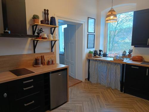 a kitchen with black cabinets and a wooden floor at Apartament w Starej Szkole in Zagórze Śląskie
