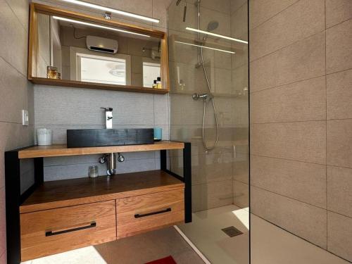 ein Badezimmer mit Waschbecken und Dusche in der Unterkunft Villa Martin AV-88 in Montjoys