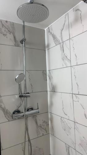 une salle de bain avec douche carrelée en marbre blanc dans l'établissement Cosy 6 - Belfort centre, à Belfort