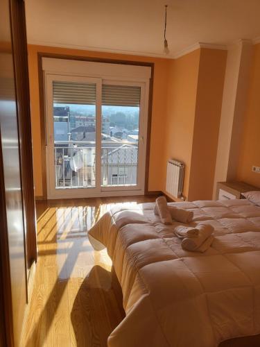 ein großes Bett in einem Zimmer mit einem großen Fenster in der Unterkunft Piso nuevo y acogedor! in O Porriño