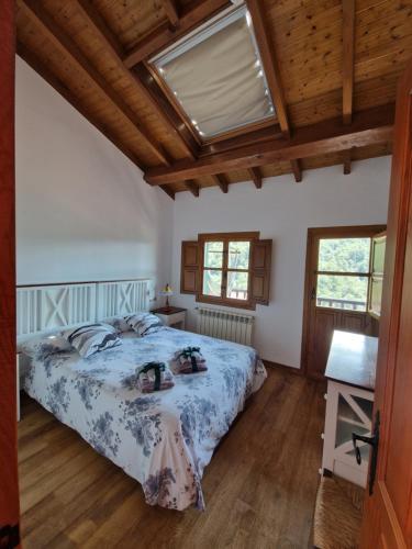 Un dormitorio con una cama y una claraboya. en Casa Laudina y Armando, en Brañella