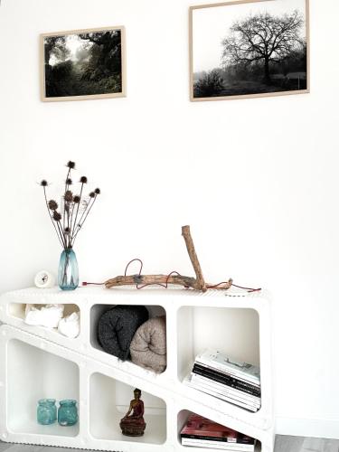 a white shelf against a white wall with two pictures at M Butterfly in Alvorge