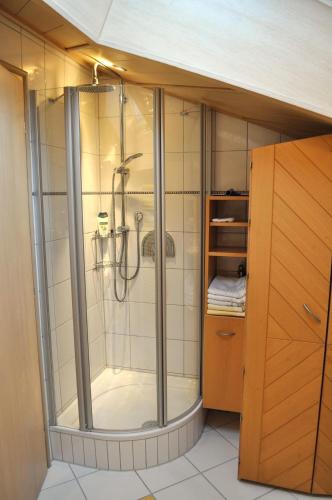 a bathroom with a shower in a room at Mayers Urlaubsnest in Bad Hindelang