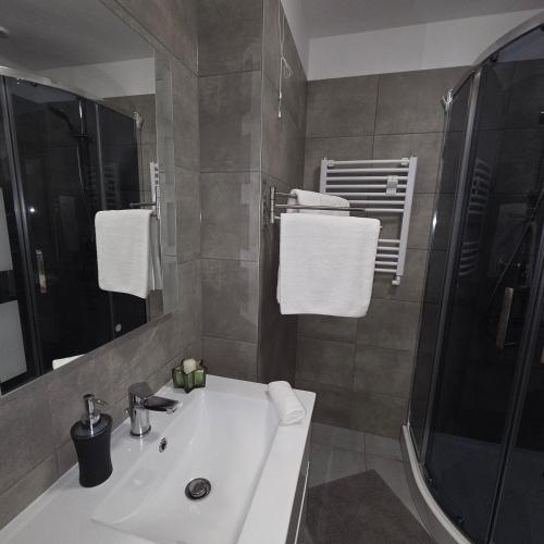 Słoneczny Apartament Panorama 5 7 z Widokiem na Jezioro i Góry في بولانكسيك: حمام مع حوض ودش