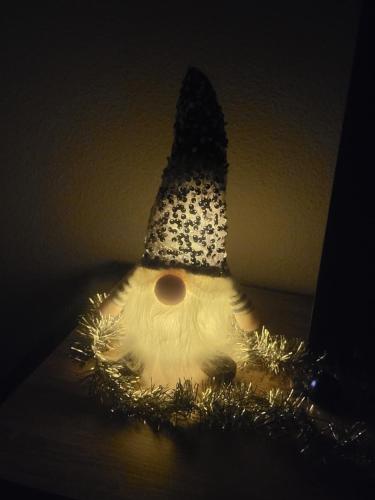 a santa hat sitting on a table with lights at Appartement cosy vue port in Dives-sur-Mer
