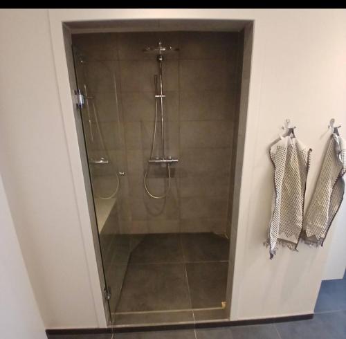 a shower with a glass door in a bathroom at Eksklusiv stort boende i Fredrikshavn in Frederikshavn