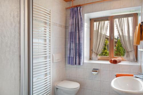a bathroom with a toilet and a sink and a window at Ferienwohnung Alpspitze in Grainau