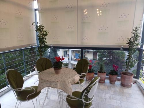 a table and chairs on a balcony with plants at Mary's vintage house in Athens